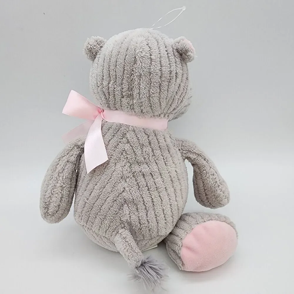 Burton + Burton Corduroy Ribbed Hippo Plush 12” Gray Pink Bow Stuffed Animal Toy